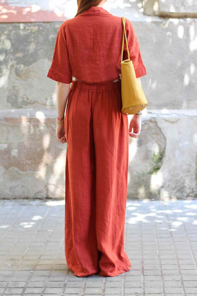 Pantalón ancho lino teja
