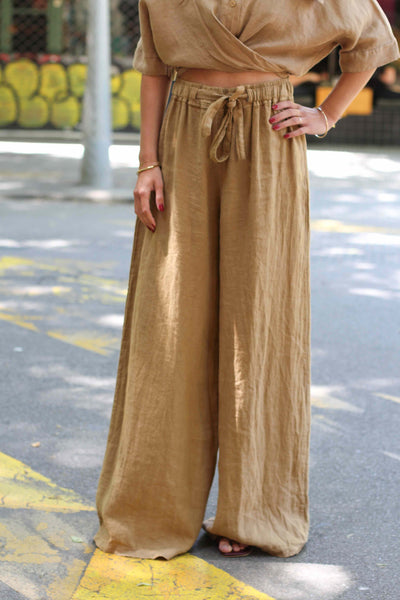 Pantalón ancho lino camel